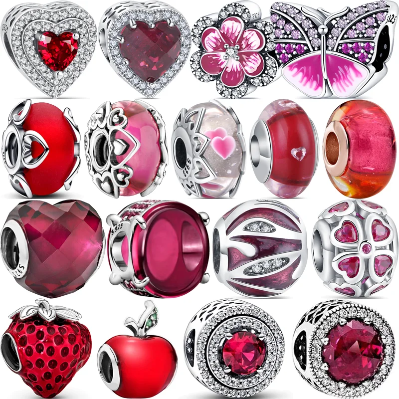 Fit Original Pandora Charms Bracelet 925 Sterling Silver Red Zircon Murano Glass Style Shiny Heart Circle DIY Beads Fine Jewelry