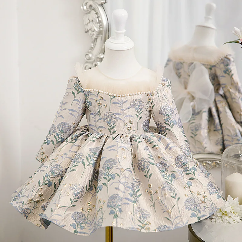 New Girls Birthday Party Princess Ball Gown Children Fashion Long Sleeve Beaded Design Wedding Performances Dress g173