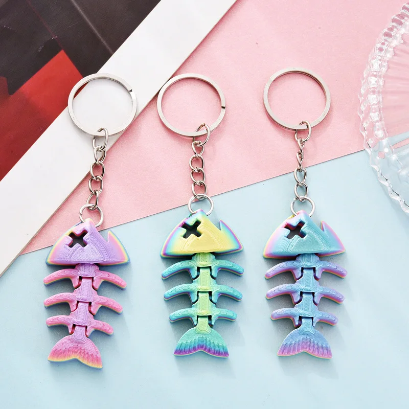 

3D Printed Fishbone Keychain Random Color Joint Movable Creative Bag Pendant Cute Cartoon Simulation Fish Bone Toy Figures