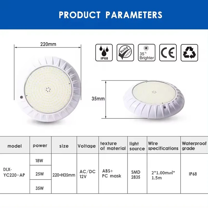 Montowane na powierzchni wypełnione żywicą Abs lampy Led 18W 25W 35W podwodne lampy lampy AC12V RGB zmienna Piscina lampa