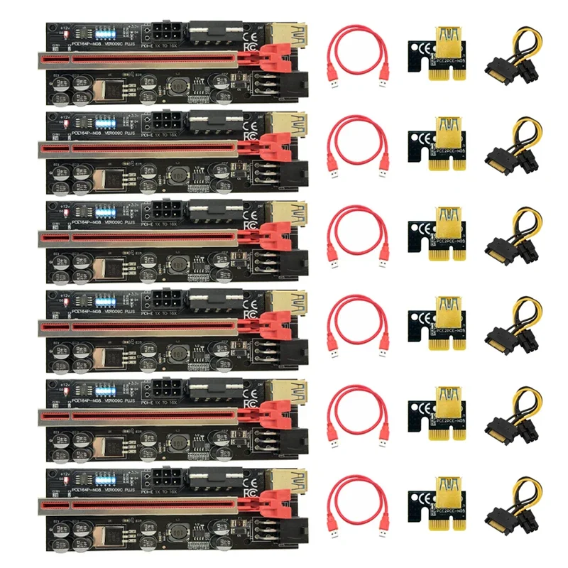 

Адаптер PCI Express X16 6 светодиодов Riser 009S 009C Plus PCIE Riser Molex 6-контактный кабель SATA USB 3.0 для майнинга видеокарты Cabo Riser