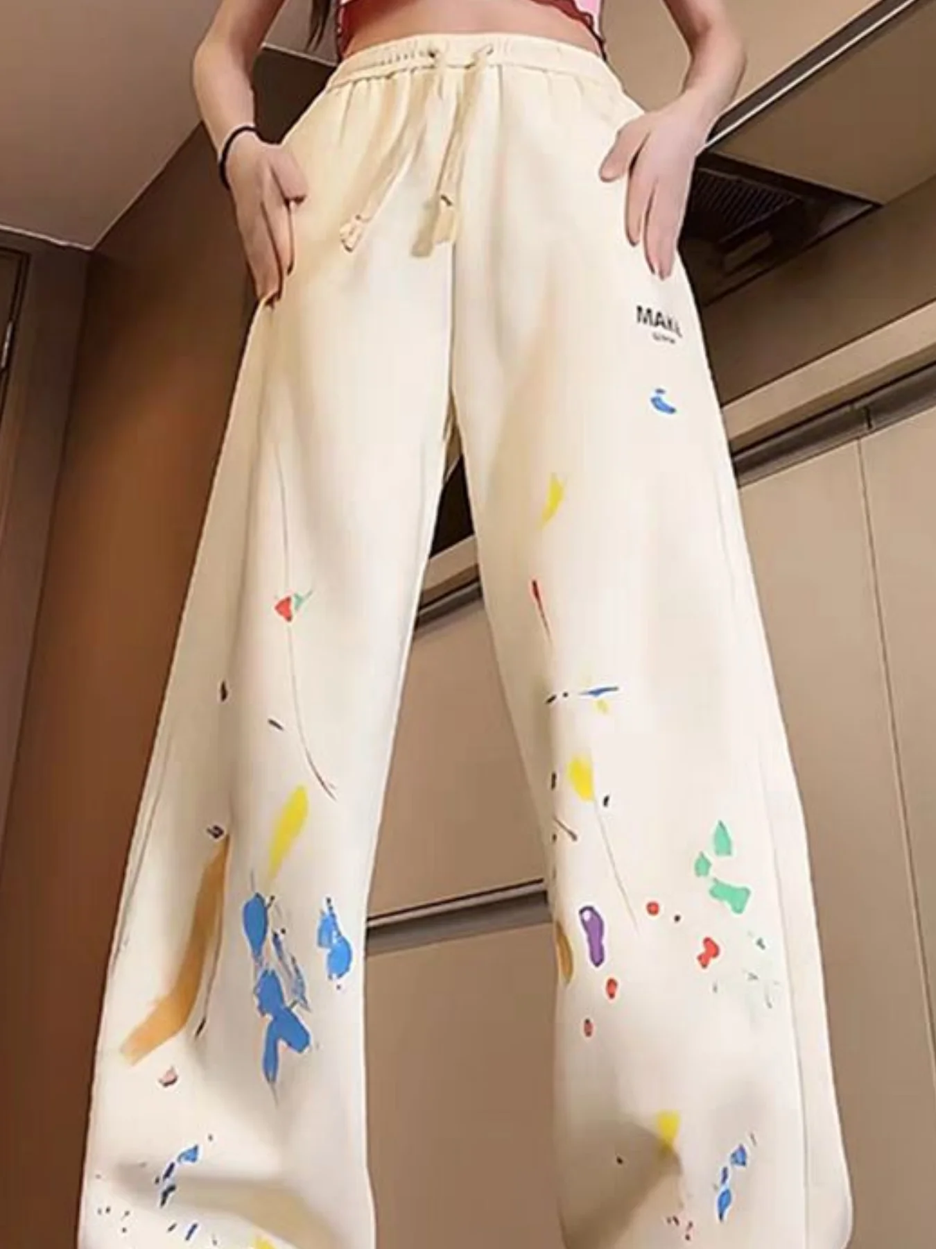 High Street Retro Splatter Graffiti Sarouel pour Femmes, Printemps et Automne Style Coréen Nouvel Étudiant Décontracté Polyvalent Sport Jogger Pantalon À La Mode
