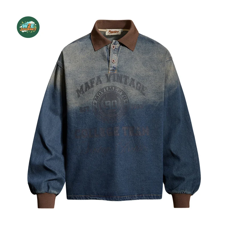 W2EJOURNEY EU US Size Luxury Quality Long Sleeve Polo Shirt Distressed Gradient Denim Turn-Down Collar Unisex Polo Shirt