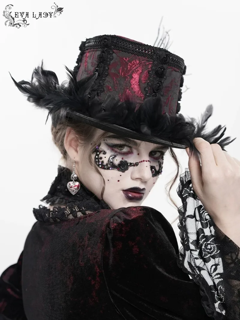 EVA LADY Gothic Headdress Hat Feather Rose Branch Decoration Dark Headwear for Women Halloween Cosplay Rave Music Festival Club