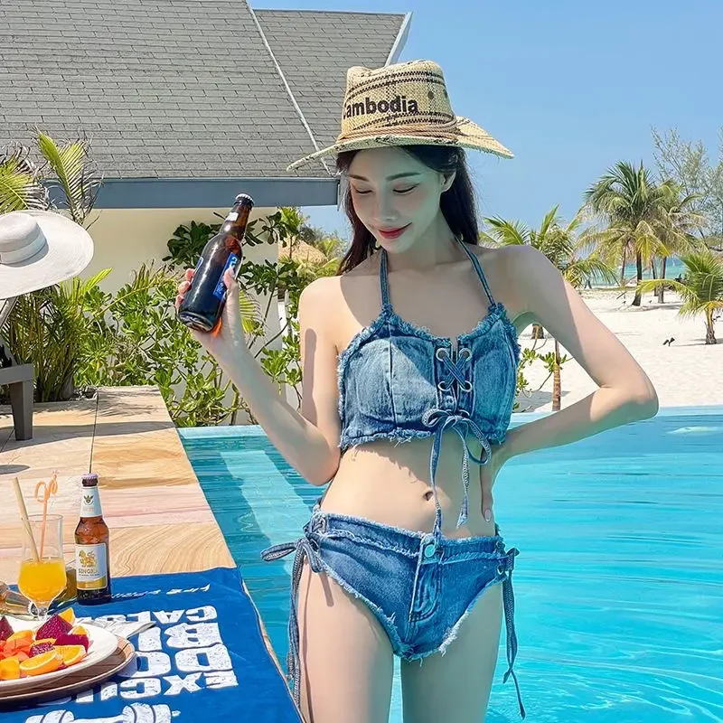 مثير الدينيم بيكيني 2 قطعة مايوهات عطلة ملابس السباحة امرأة