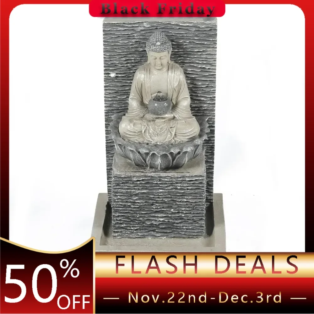 Grey Resin Meditation Buddha Statue, Outdoor Fountain with Base, Outdoor Fountain with LED Lights