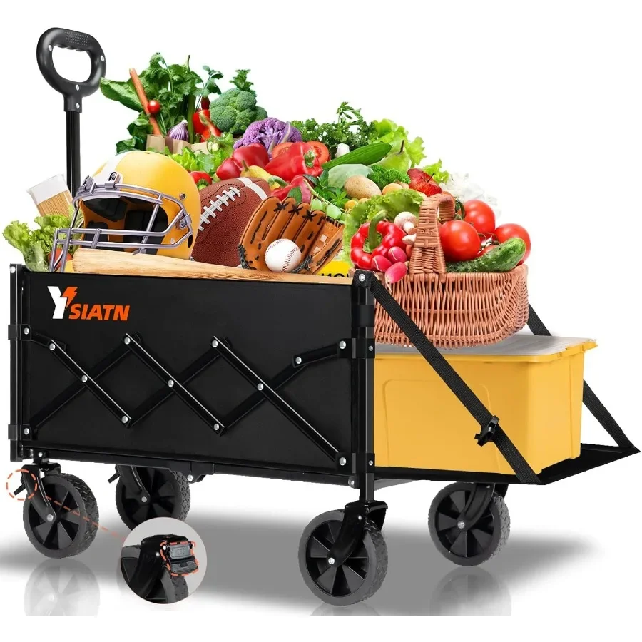 

Collapsible Folding Wagon Cart with Tailgate - 300lbs Heavy Duty Foldable Utility Wagon and Brake Wheels - 100L Lightweight Gro
