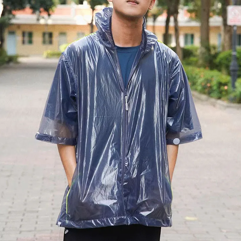 Plus Size Fashion Transparent Man Boy's Short Sleeve Hooded Zipper Rainproof Waterproof Jacket Coat Biker Motobiker Raincoat