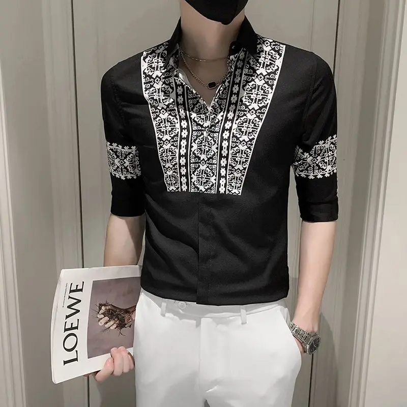 Fashion Lapel Spliced Half Sleeve Printed Shirts Men\'s Clothing 2023 Summer New Oversized Casual Tops Loose Korean Shirt