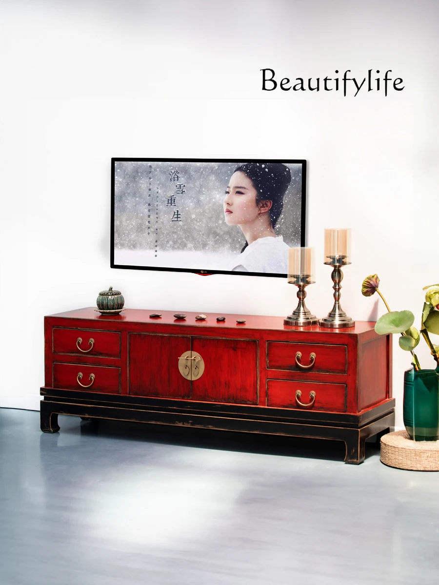 Quaint Painted Lacquer New Chinese Retro Distressed Solid Wood TV Cabinet