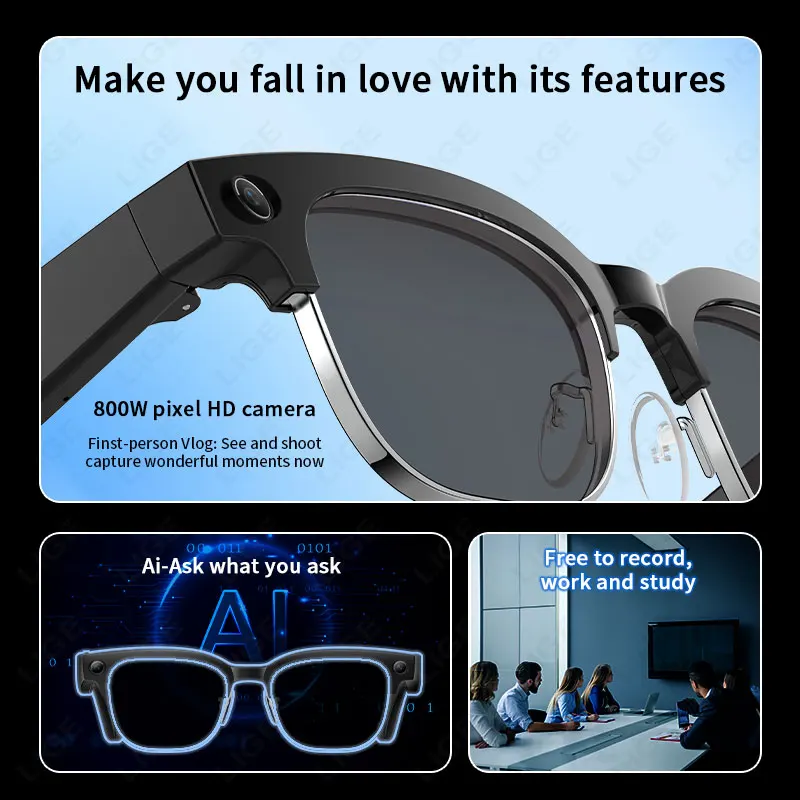 Okulary inteligentne LIGE New AI 800W z kamerą, nagrywanie wideo 1080P, połączenia Bluetooth, okulary przeciwsłoneczne, sterowanie głosowe, tłumaczenie, soczewki zmieniające kolor