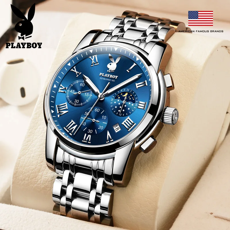 PLAYBOY Top Brand Classic Man Watch Stainless Steel Waterproof Quartz Wrist Watch Men Casual Business High Quality Men's Watches