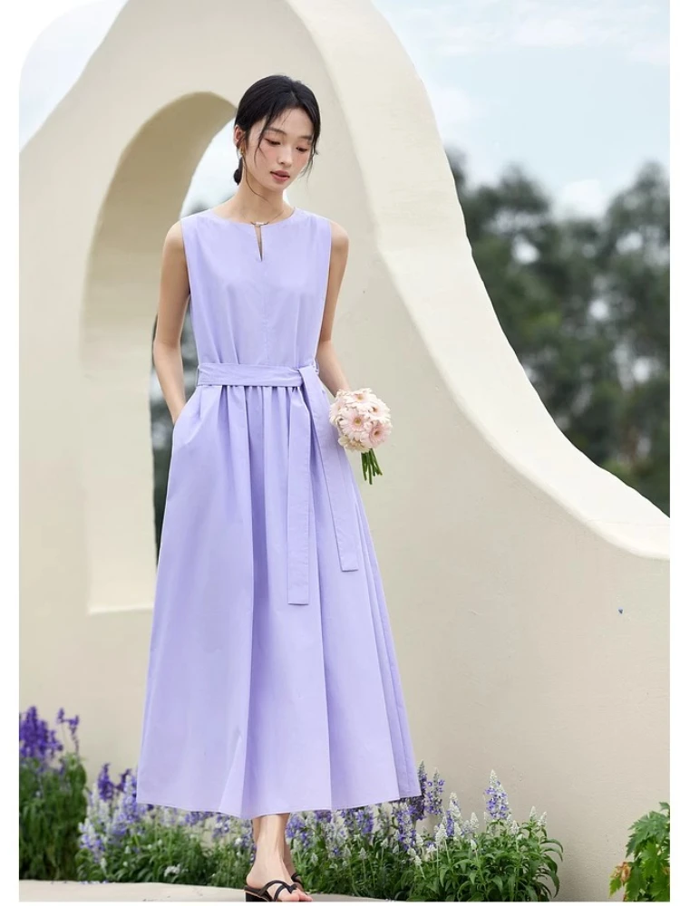 

VIMLY Long Vest Dresses 2025 Women's Summer French 100% Cotton A-line V-neck Wide Straps Tie Belt Sleeveless Woman Dress A1656