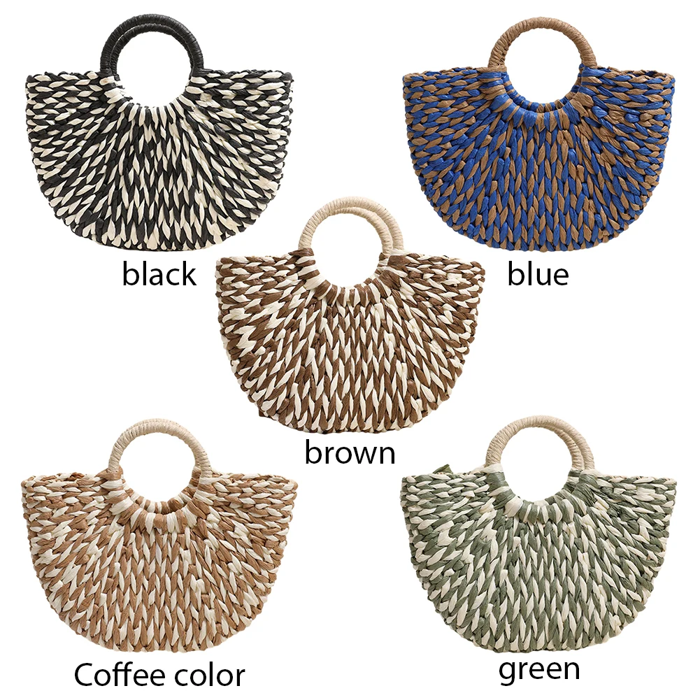 المرأة القش حقيبة يد سعة كبيرة حقيبة سفر عادية اللون الصدام شبه دائرة حقيبة من القماش الصيف حقيبة يد الشاطئ