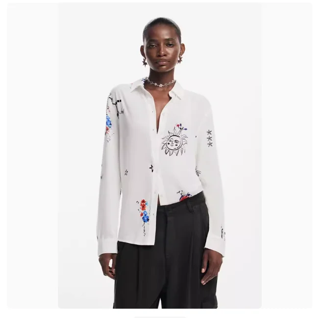 Foreign trade original order, Spanish new product, embroidered print, spring and summer cool casual women's shirt