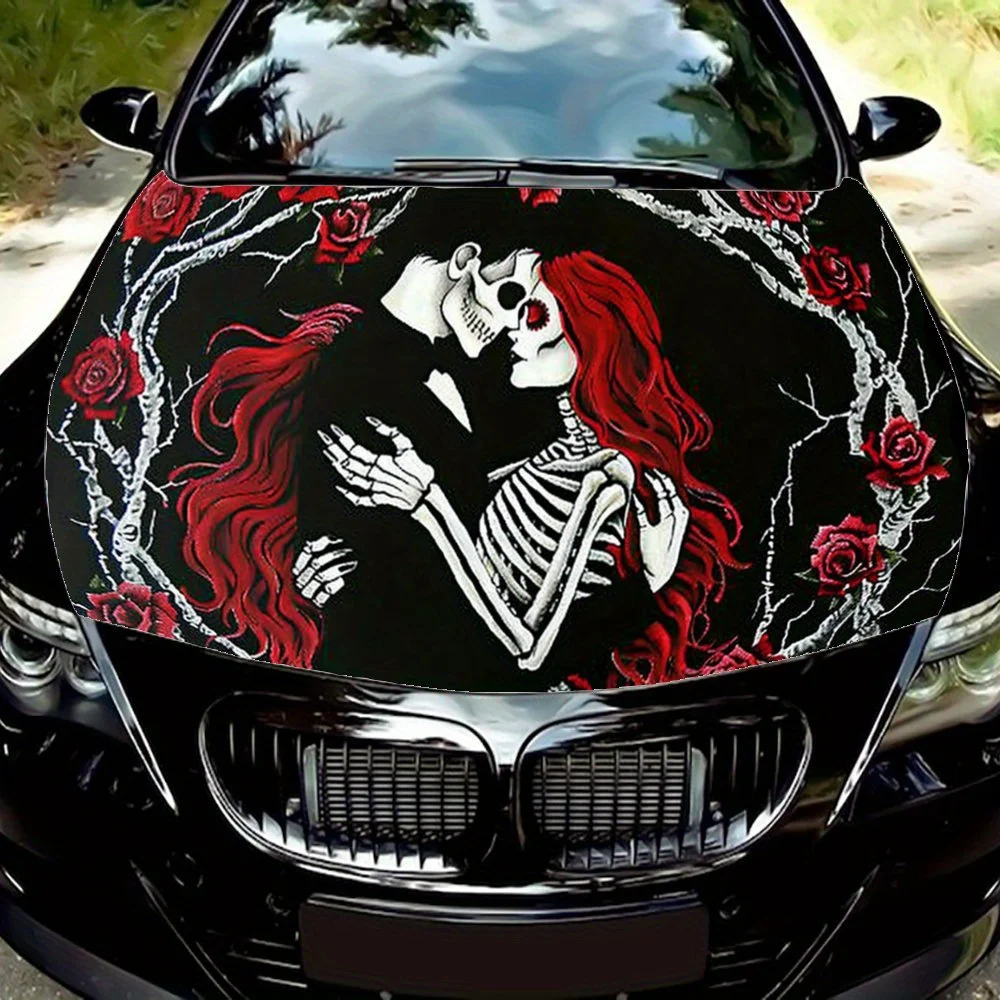 

Skeleton Red Haired Girl Car Hood Decal,Self-Adhesive PVC Hood Car Decor Scratch Resistant Sticker Protect,Auto Accessories Gift
