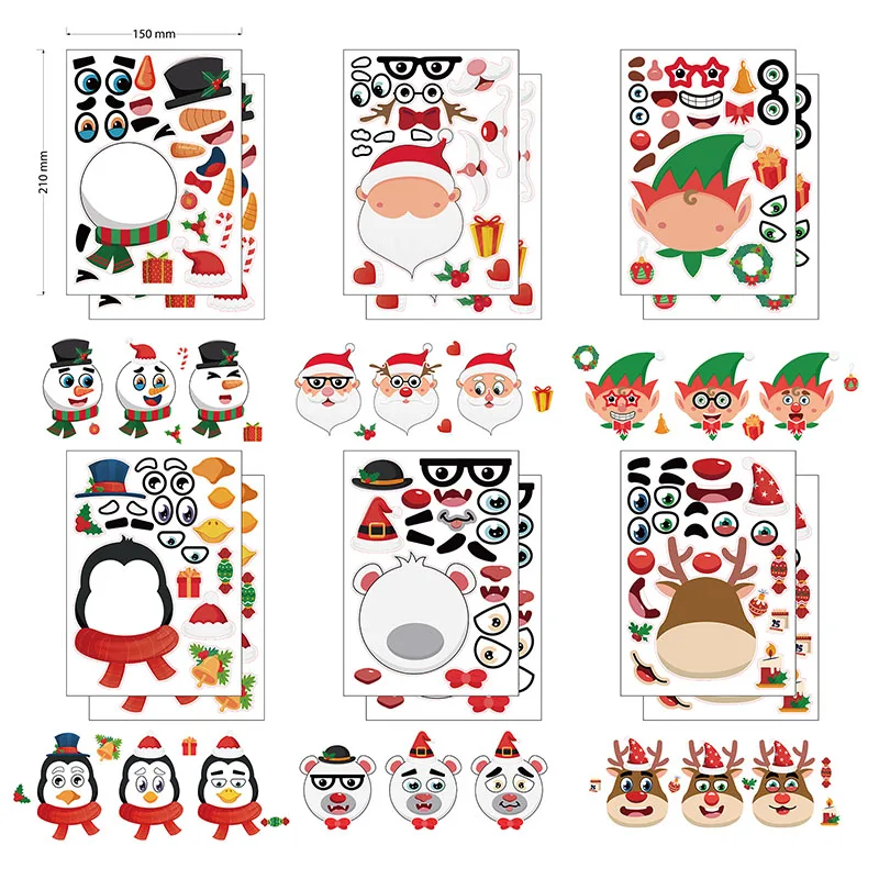 DIY Make Your Own Christmas Stickers For Kids Reindeer Snowman Elf Mix and Match Puzzle Sticker Sheets Holiday Party Favors Gift