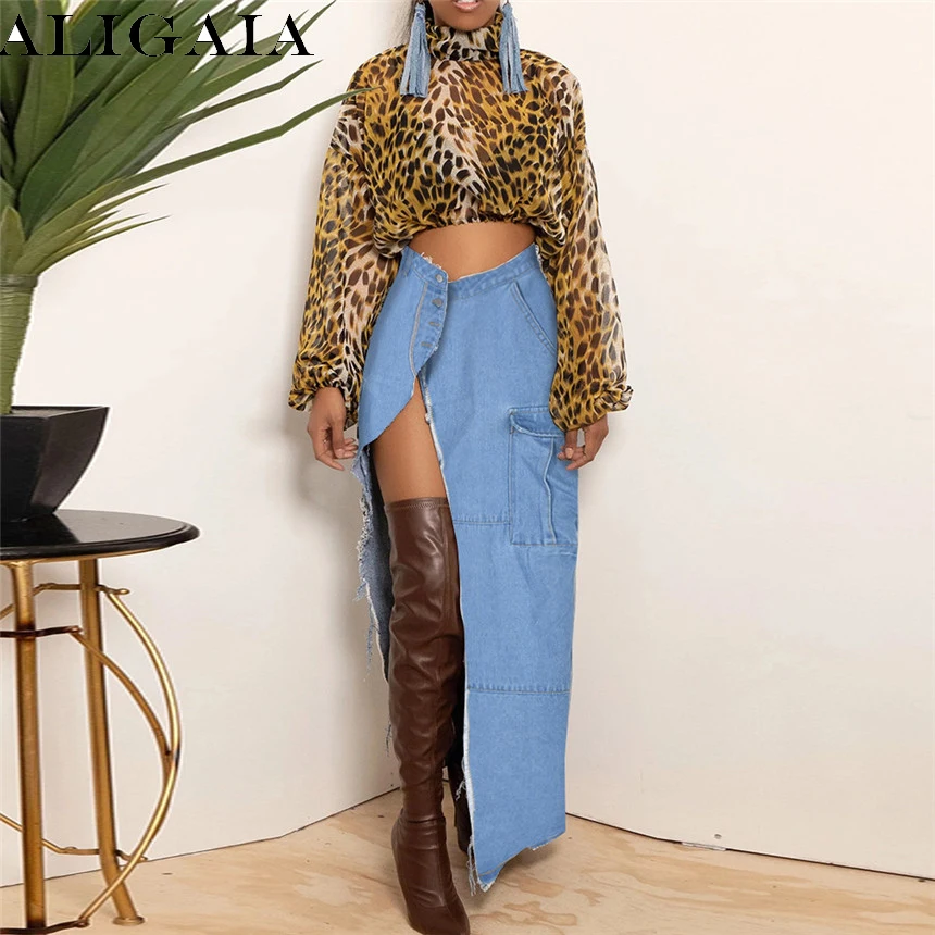 2026 Fall Fashion Asymmetric Cotton Denim Long Skirt Women's Side Slits Tassels And Light Blue Raw Edges With Irregular Pockets