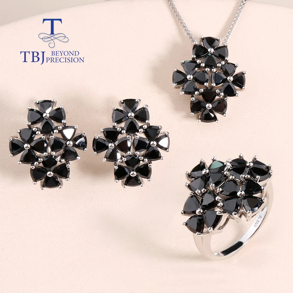 

Black Spinel Natural Gem Ring Earrings Necklace Jewelry Set 925 Sterling Silver Women holiday Gift