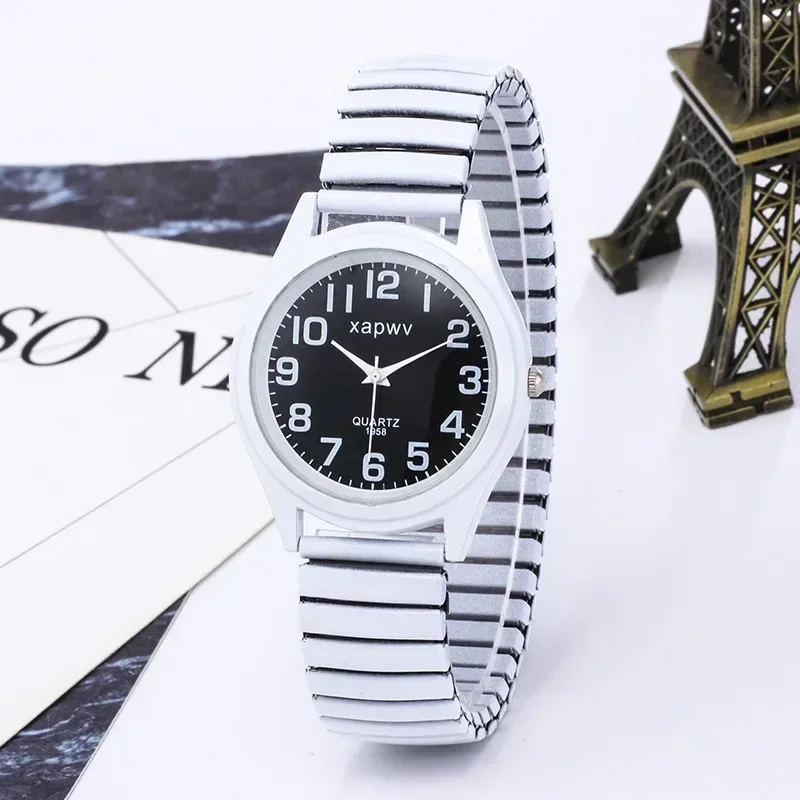 Relojes creativos de lujo para mujer, reloj con banda elástica blanca y negra, relojes de cuarzo Retro elásticos para personas mayores, reloj de pulsera para parejas