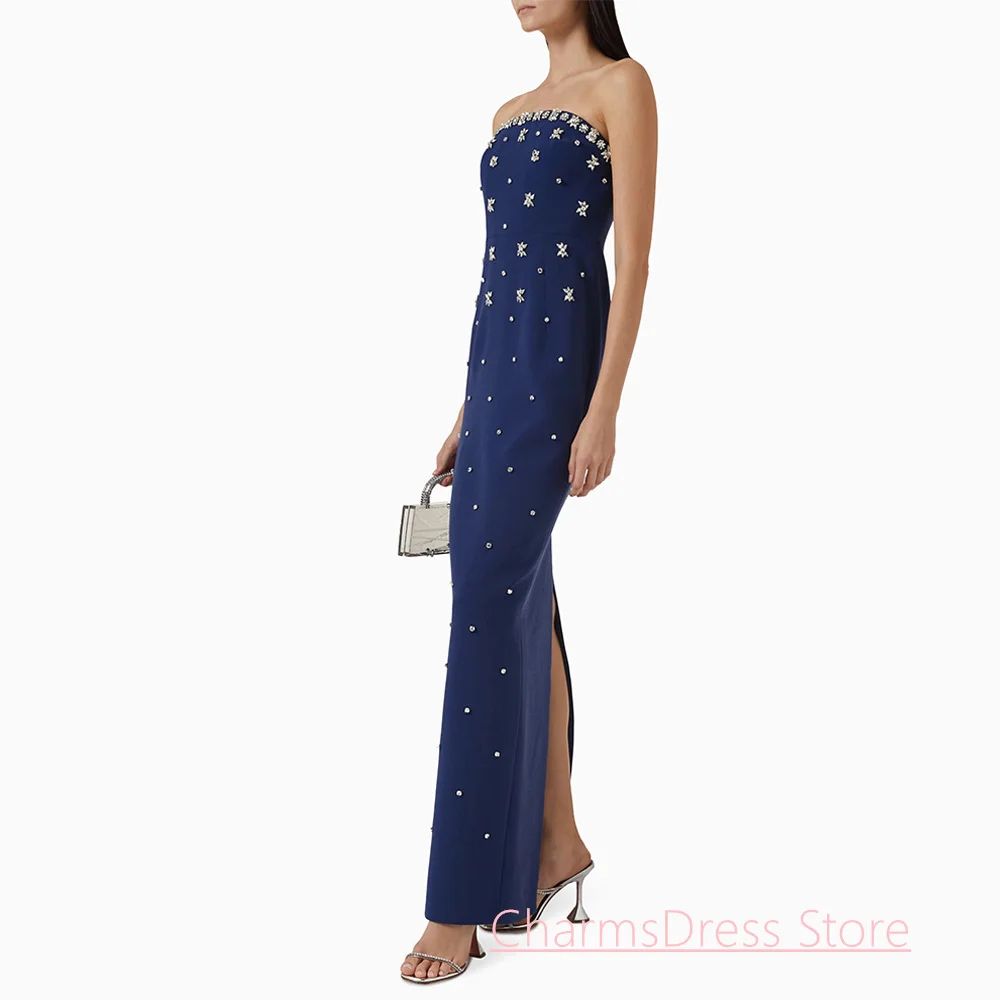 Robe de soirée bleu marine personnalisée, sans bretelles, cristal argent fibre, robe de soirée formelle, robes pour occasions spéciales, exquise