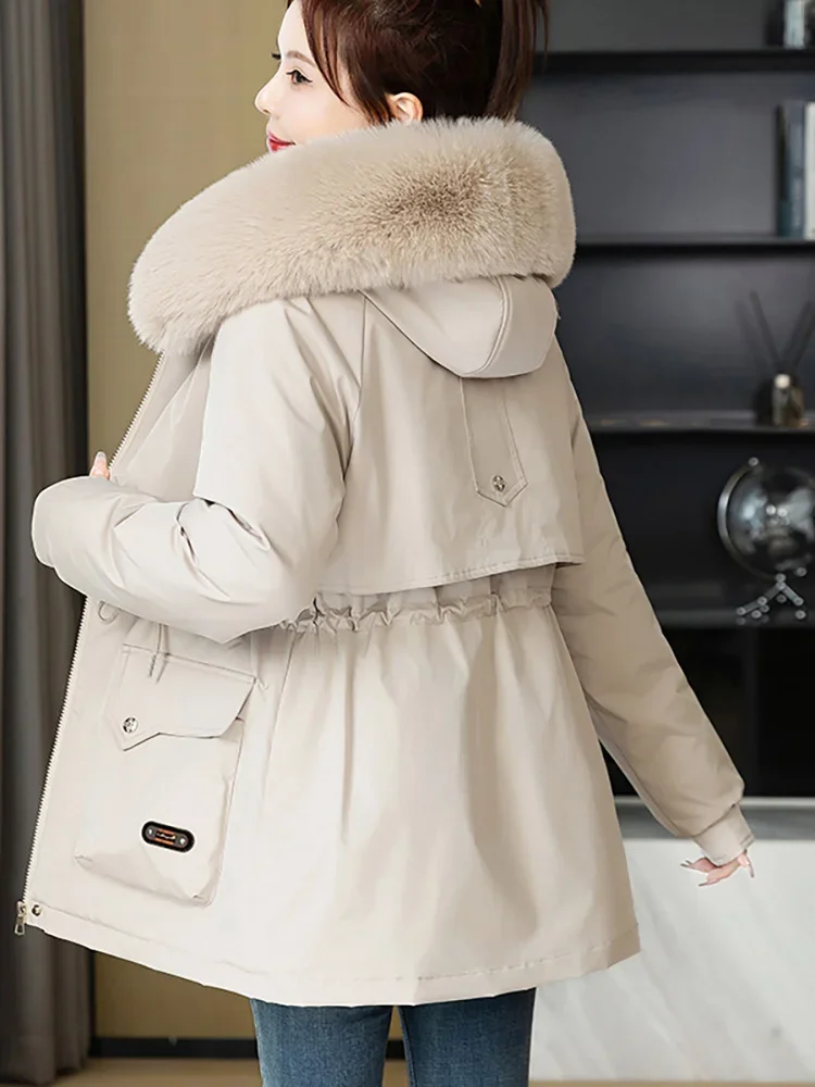 2024 New Vintage Winter Puffer Jacket Women\'s Coat Wool Liner Medium Long Fur Hooded Parkas Thick Female Outwear