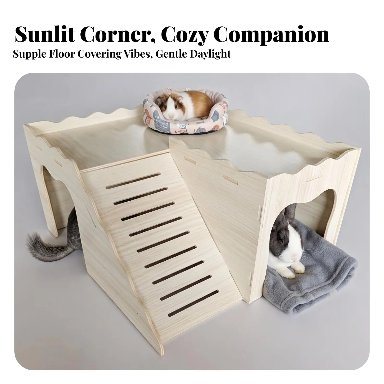 Solid Wood Rabbit House with Ramp and Flat Roof for Small Animal Platform and Hamster Big Cage Indoor Use