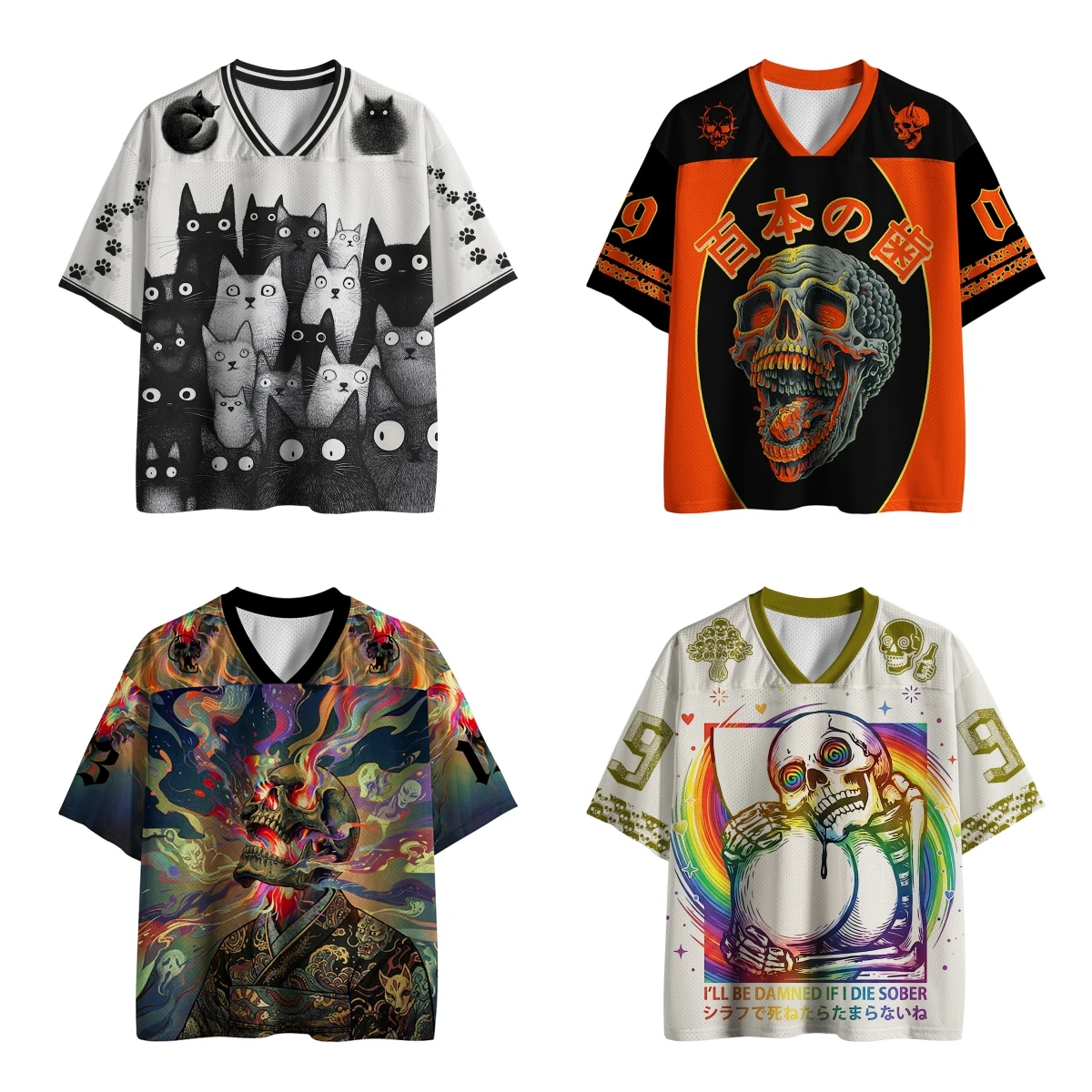 2026 New Psychedelic Japanese Dark Art Mesh Jersey Bundle, 4 Styles Black Cats & Trippy Skull Graphic Unisex V-Neck Sports Tee