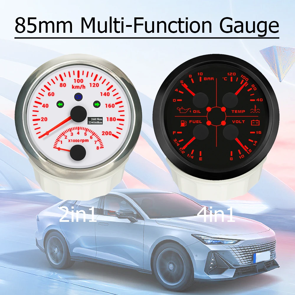 

ELING 85mm 4 in 1 Oil Pressure Water Temp Fuel Level Voltmeter Gauge + 200km/h 120MPH GPS Speedometer with 8KRPM Tachometer 12V