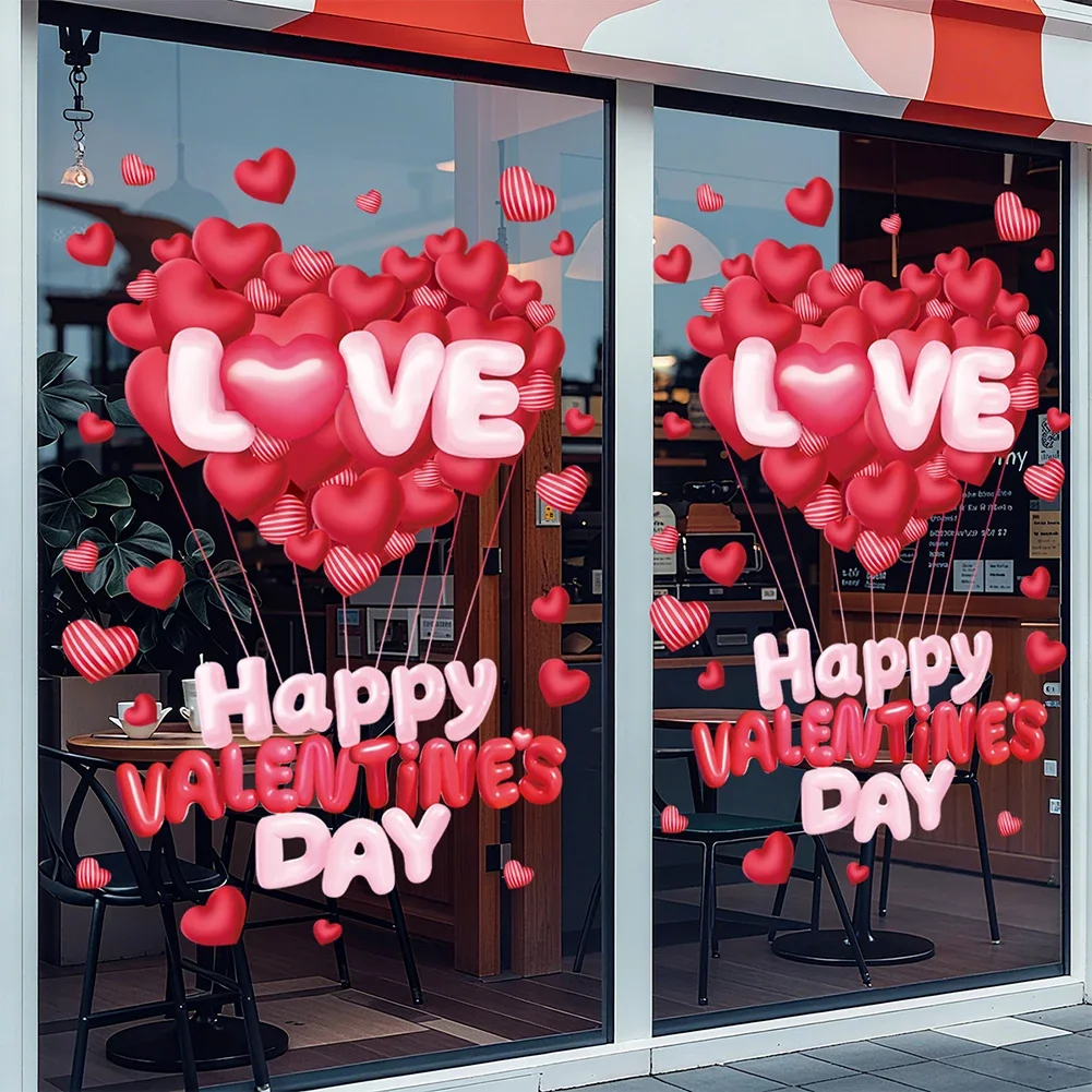 Valentines Day Decoration Heart Window Decals Window Clings Red Heart Designs Double-sided Visibility Peel-off Backing
