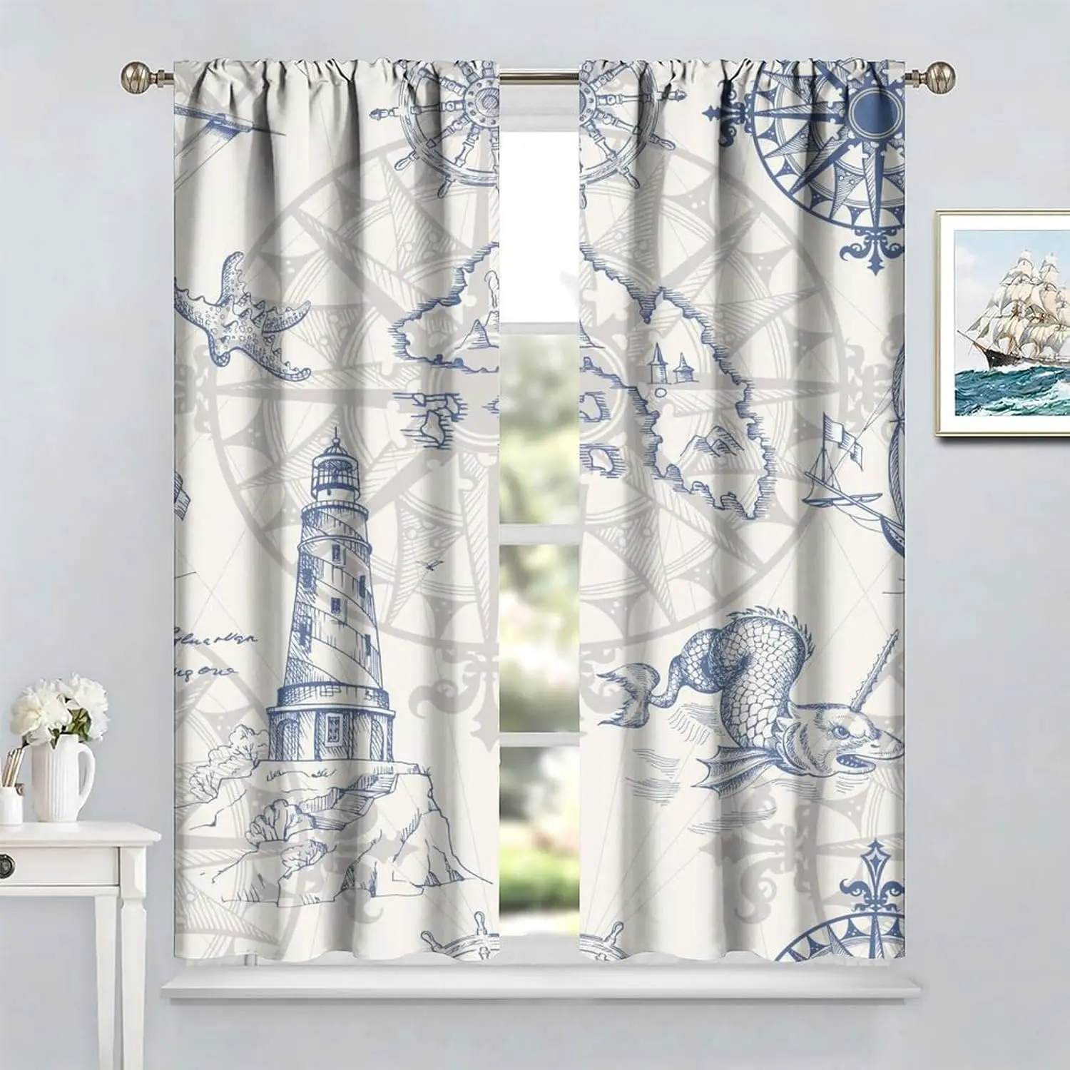 Nautical Theme Window Draperies, Pirate Sailboat Curtains for Bedroom Living Room, Ocean Window Treatment Starfish Octopus Print