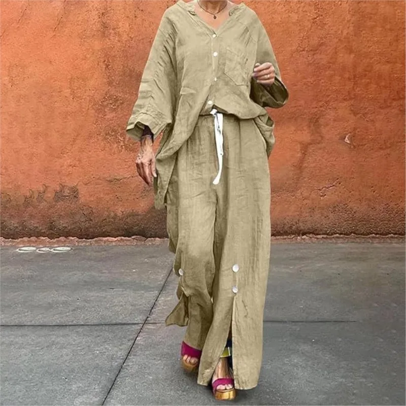 

Однотонный однобортный кардиган с v-образным вырезом и длинными рукавами, топ с завязками на талии, брюки, комплект из двух предметов, весенне-осенняя новая женская одежда