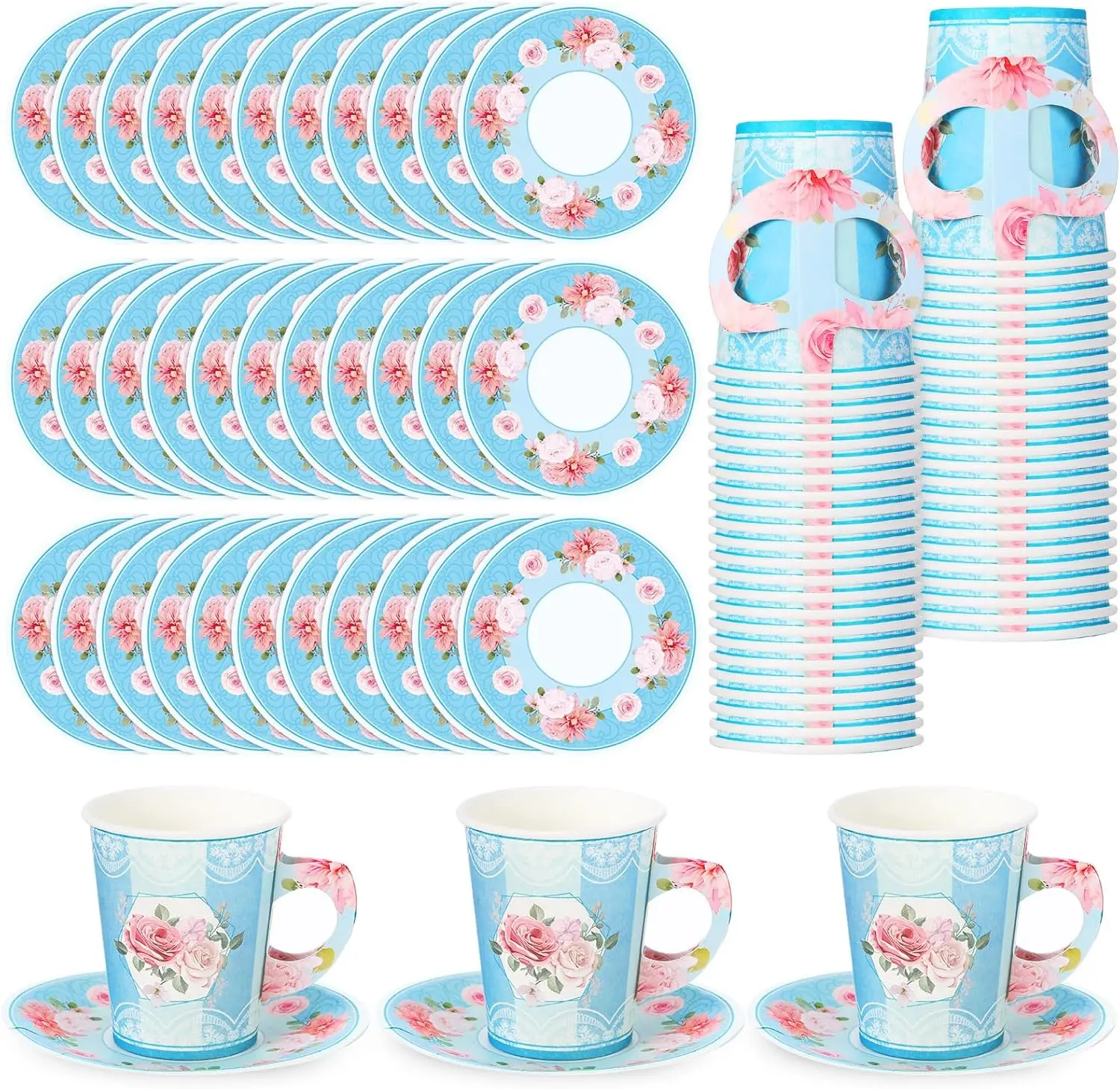 

100 Pcs Disposable Tea Party Decorations 9 oz Floral Paper Cup with Handle and Saucer Set for Mother Day Wedding Birthda