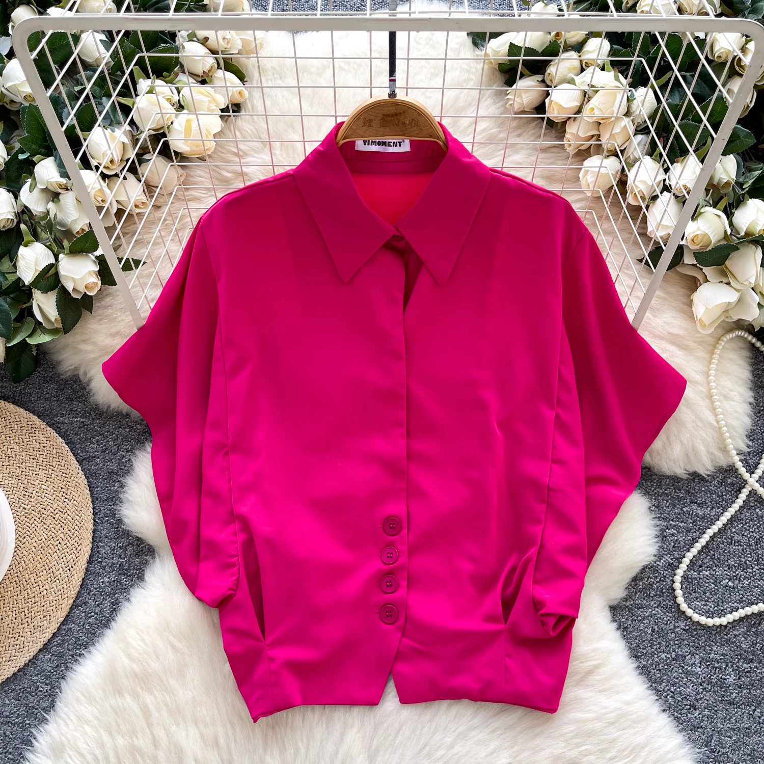 

Chic short sleeve solid button blouse Sexy Basic Tees Fashion Women Streetwear hotsweet women clothing