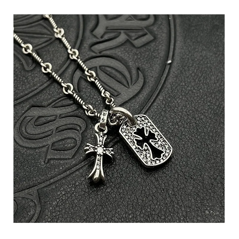 

Accessories Thai Silver Vintage Full Diamond Cross Double Pendant Necklace Premium Autumn and Winter Sweater Chain Accessories J