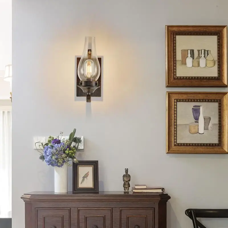 مجموعة شمعدانات جدارية للمزرعة الريفية مكونة من 2، مصابيح حائط صناعية عتيقة مع غطاء زجاجي شفاف، لمسة نهائية باللونين الأسود والذهبي #4