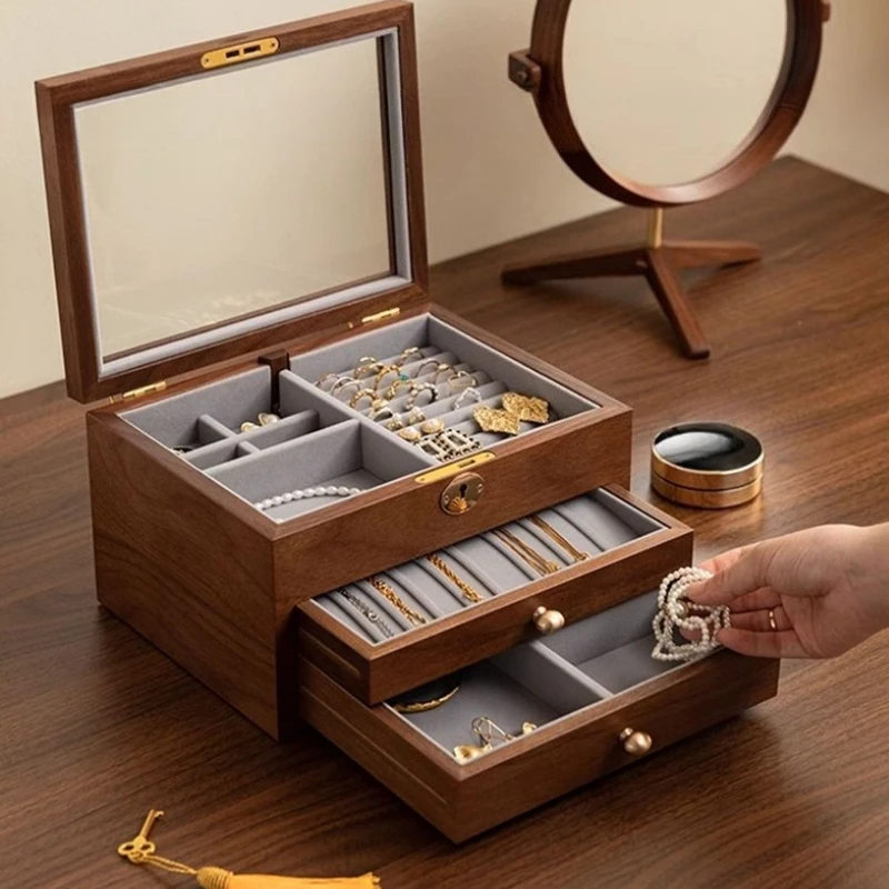 صندوق منظم مجوهرات كبير صناديق تخزين المجوهرات الشفافة قلادة حلقة القرط عرض حالة سيدة سوار قلادة الحالات