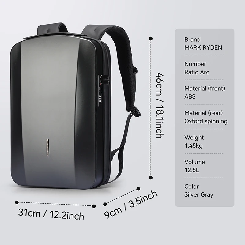 MARK RYDEN Men's Hard Shell Backpack 17.3" Laptop Bag with TSA Lock USB Charging Water Resistant for Business Commute