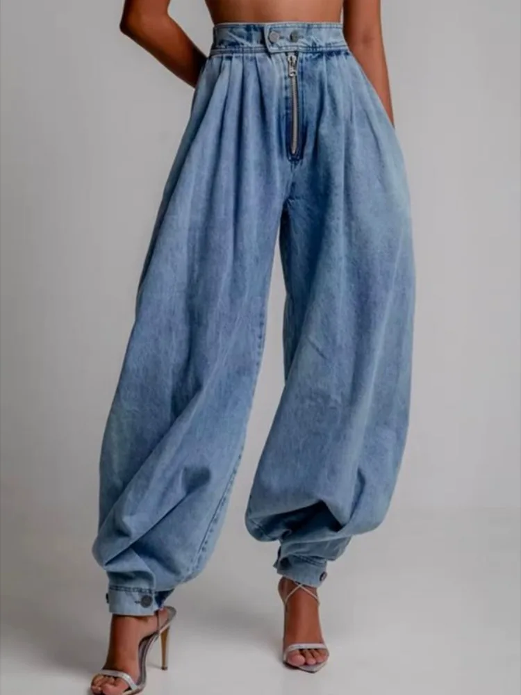Missuoo Women's Light Blue High Waist Zip-Up Cuffed Baggy Denim Jeans Retro Streetwear Baggy Pants for Festival & Party