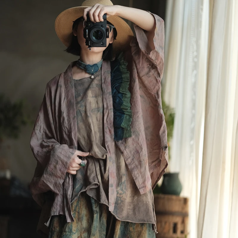 

Женские повседневные льняные пальто большого размера, новинка 2024, весенний винтажный стиль, свободные женские кардиганы с цветочным принтом и рукавами «летучая мышь», куртки M1297