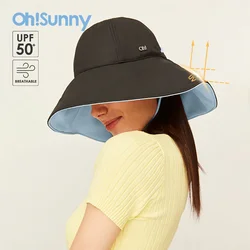 OhSunny Women Large Brim Sunhats UPF 2000+ Double-sided Wear Cap with Fixing Rope Anti-UV Beach Hat Fisherman Bucket Caps