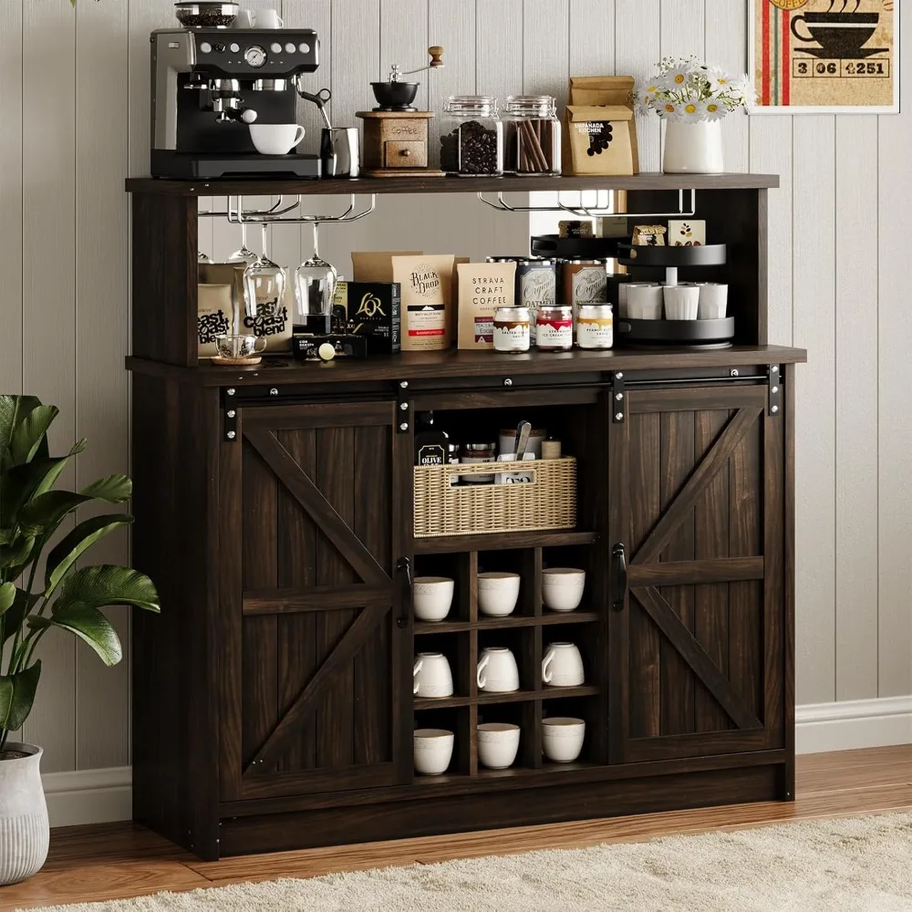 

Wine Bar Cabinet with LED Light & Mirror, 47” Buffet Sideboard with 4Glass Hooks & 9 Wine Racks, Coffee BarCabinet