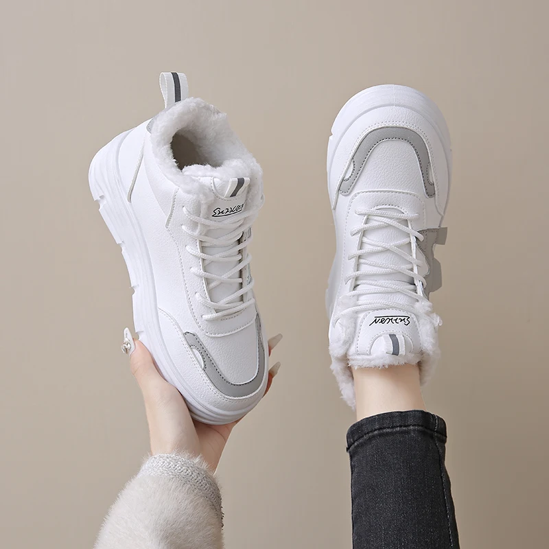 2025 الشتاء الدانتيل متابعة سميكة القاع أحذية فلكنيز امرأة بولي Leather الجلود الدفء أحذية رياضية السيدات منصة بيضاء أحذية رياضية نسائية #6
