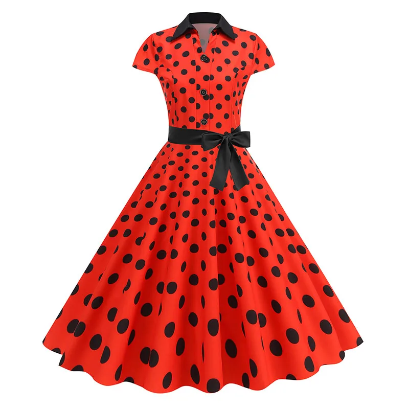 Elegant Vintage 1950s Women Summer Dress Polka Dot Print Turn-Down Collar Party Sundress with Belt