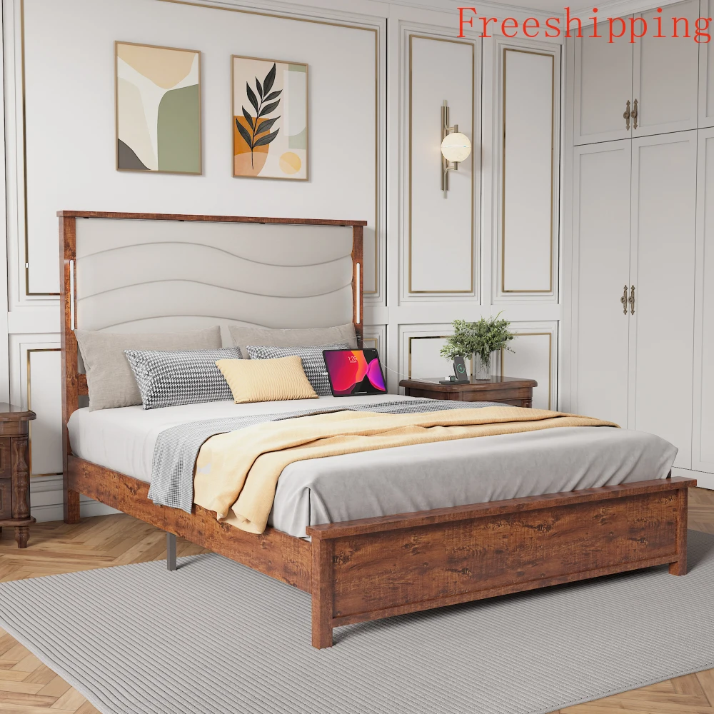 Modern Wood Bed Frame with USB Ports & LED Light Bar, Dark Gray Linen Headboard, No Box Spring Needed, Easy Assembly - King Size