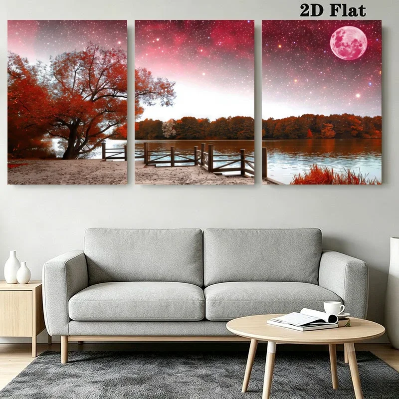 2D Flat, 2D Flat, 3pcs Modern Boho Red Tree Lake Starry Night Full Moon Autumn Landscape Wall Art Home Decor for Living Room
