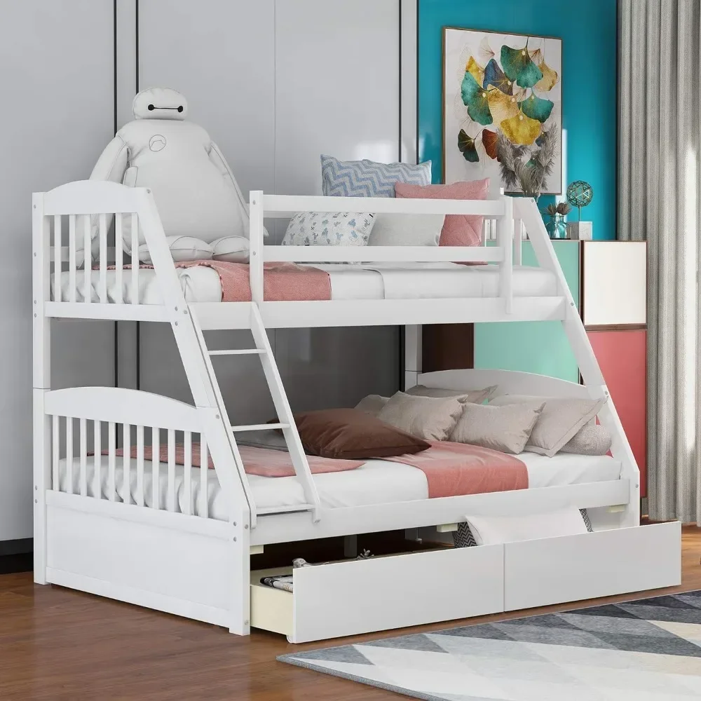 Solid Wood Twin Over Full Bunk Bed with Two Storage Drawer, Removable Ladder and Safety Guardrail for Kids, Convertible