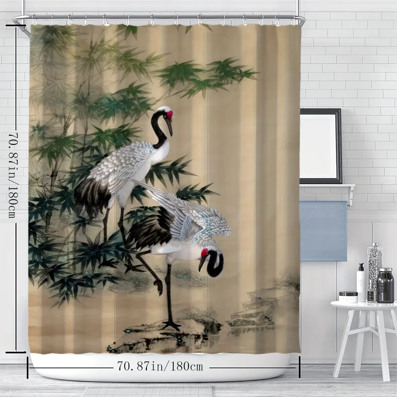 Water-Resistant Polyester Shower Curtain with Chinese Ink Painting Cranes and Bamboo Design, Machine Washable, Includes Hooks, W