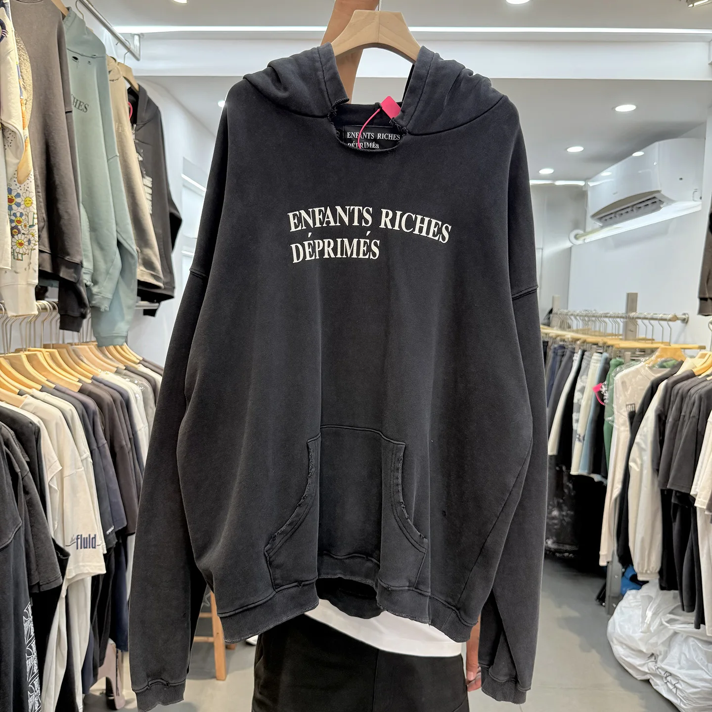 

Trendy Heavyweight Waed Vintage Tag Print Destroyed Collar Hoodie ex Loose Outerwear American Sle Long Sve Sweatirt