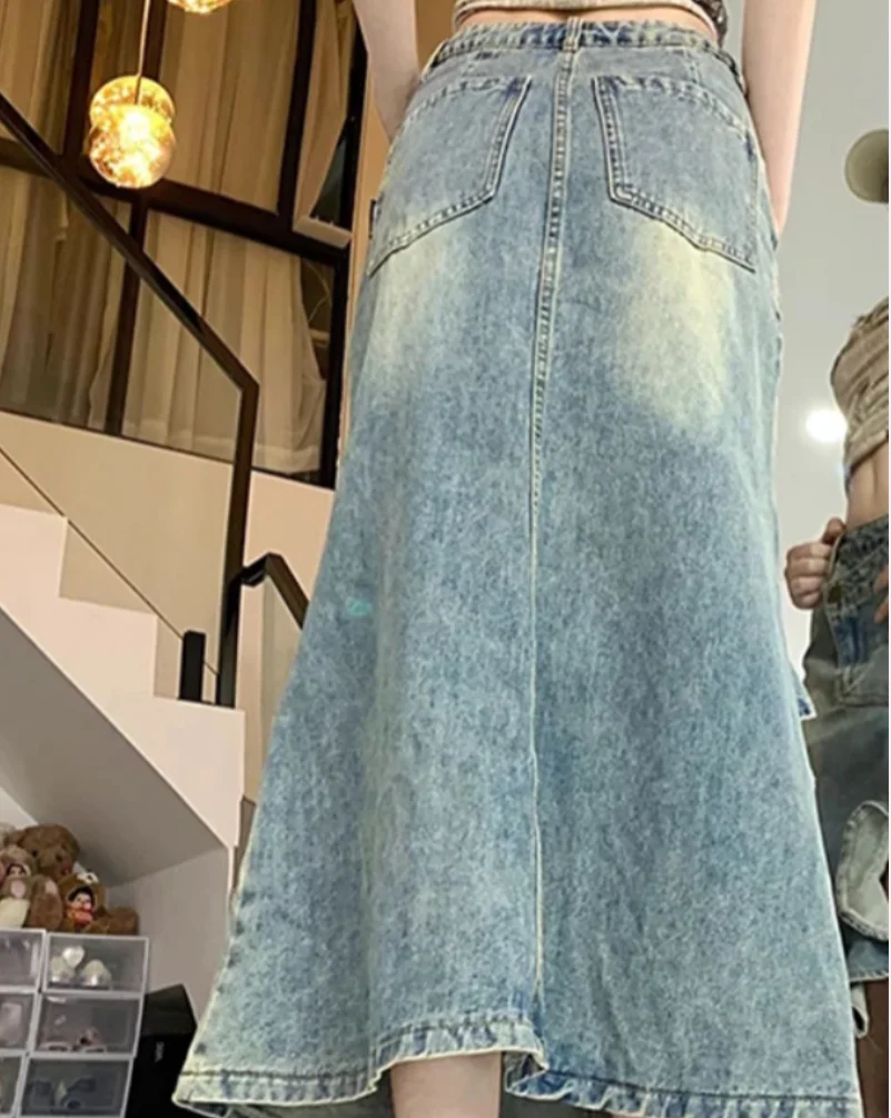 

Модная классическая ретро-юбка из синего денима с волнистым краем и разрезом, женская, облегающая, подчеркивающая бедра, удобная, популярная для шопинга